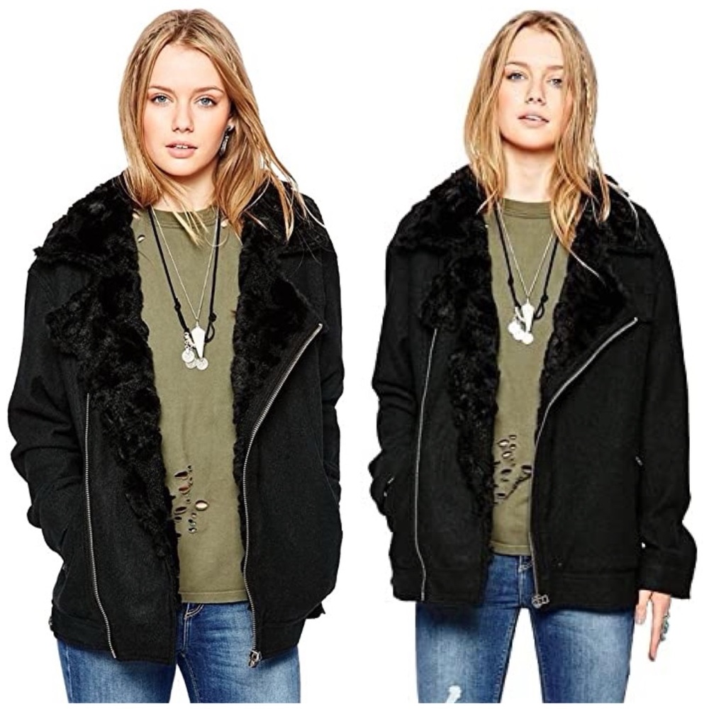 Black Jacket Free People Faux Fur Trim Slouchy